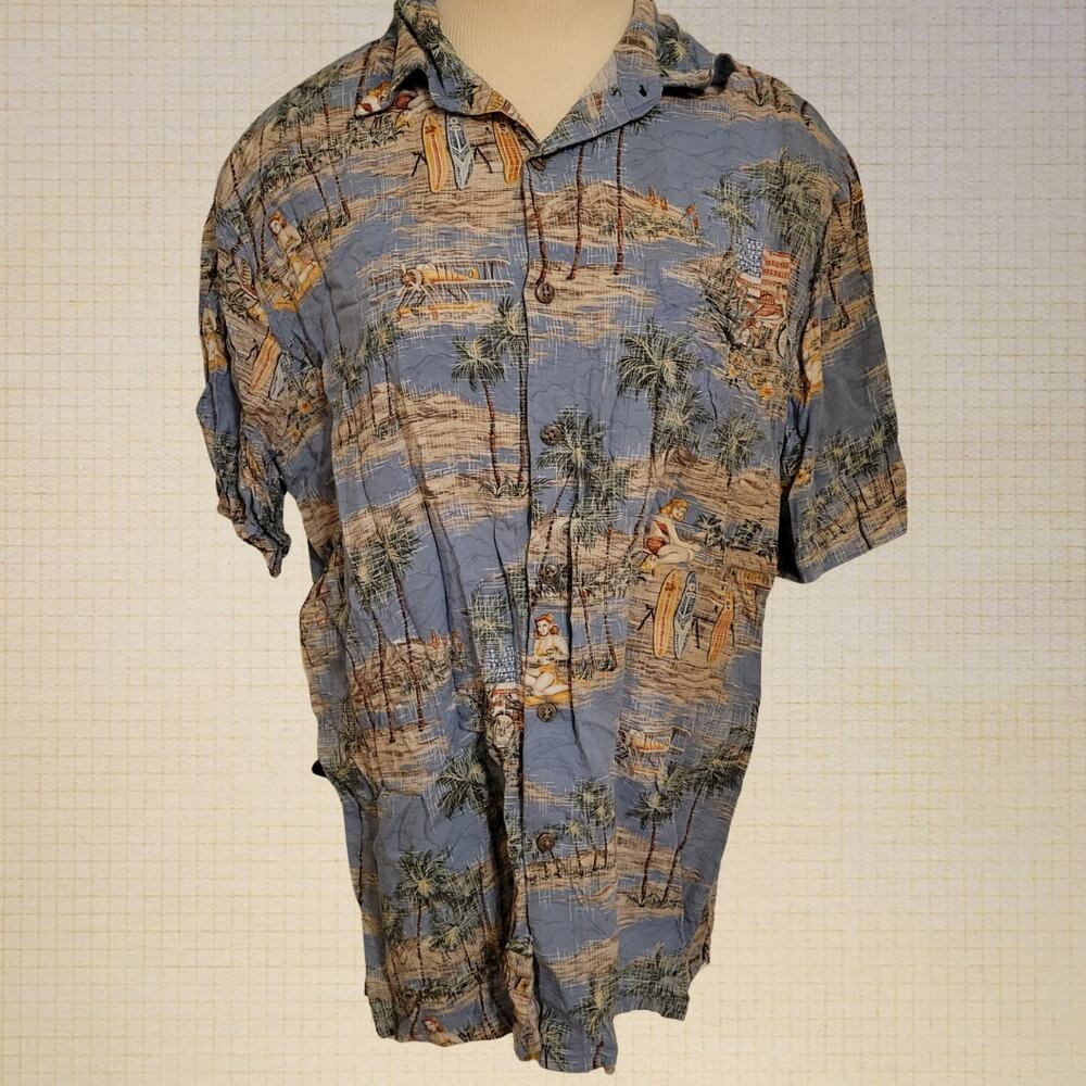 90s Tropical Pinup Rayon Button-Up Blouse Palm Tree Print Large Batik Bay USA